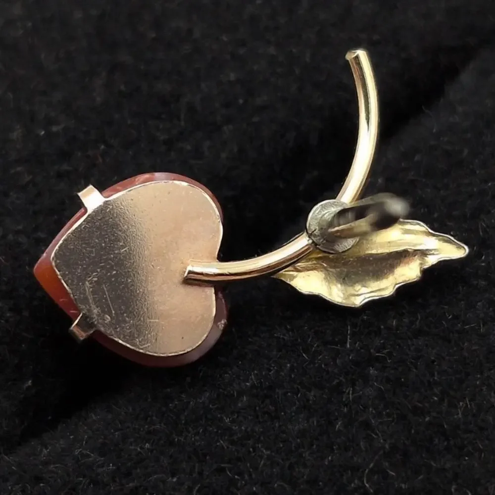 Vintage Krementz Mini Tiny Lapel Pin Red Coral Heart Leaf Cherry Gold Tone